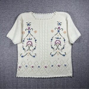 Vintage Short Sleeve Sweater Embroidered Floral Cream Cottage Core Womens XL 90s